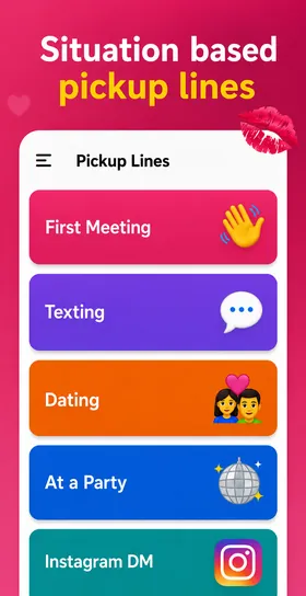 RizzOne app showing situation-based pickup lines for texting and dating